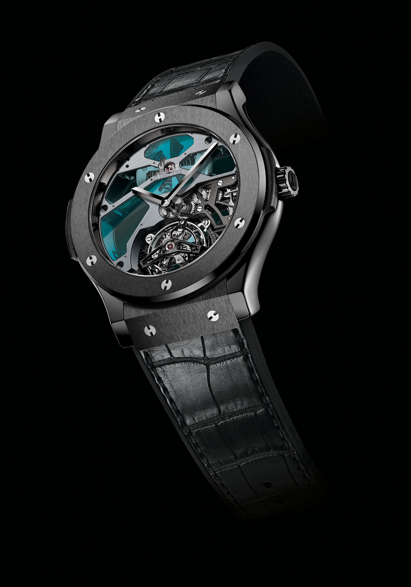 Replica Hublot 2014 New Classic Fusion Skeleton Tourbillon Blue Vitrail Black Ceramic 502.CX.0003.LR Replica Watch